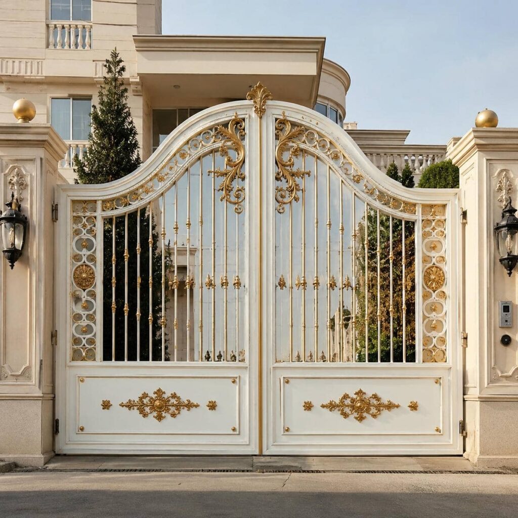 نصب درب ویلایی سفید طلایی روی ستون مقاوم نصب درب ویلایی سفید طلایی روی ستون مقاوم